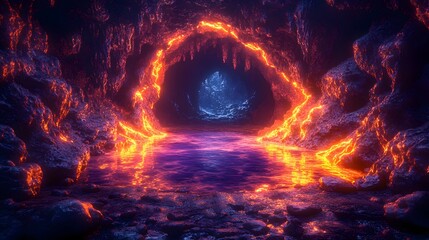 Glowing molten rock outlines the passage within a dark subterranean cavern environment
