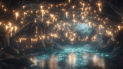Numerous illuminated crystalline formations hang from the ceiling of a cavern above glowing water.