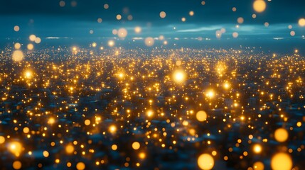 Countless brilliant specks of golden illumination hover above a vast, dark landscape under a twilight sky.