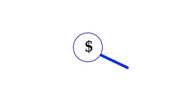 Red magnifying glass with dollar sign symbolizing financial search or money analysis on light white background,4k video animation,