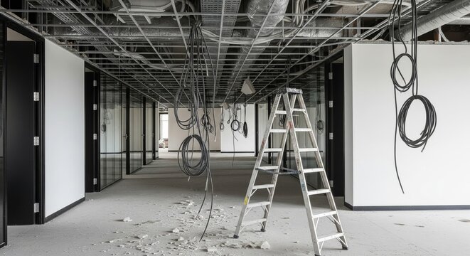 Commercial office space under construction with exposed wires and ladder
