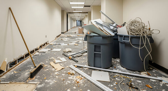 Construction debris and trash bins in messy office corridor renovation