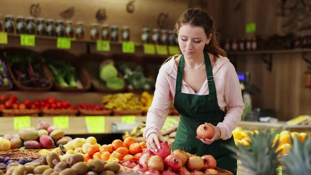 Young woman works as a seller in a fruit shop, she carefully puts a pomegranate on the counter. Supermarket worker checks the quality of products. High quality 4k footage
