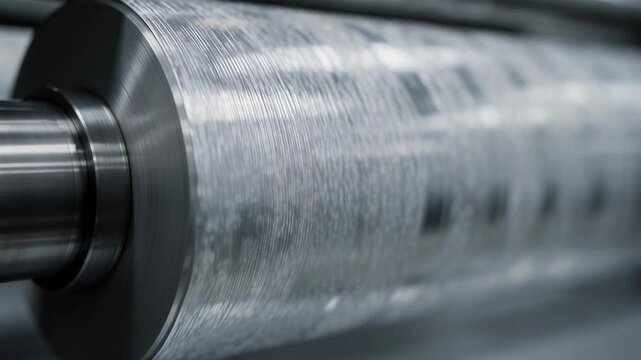 Dynamic footage of microtexture embossing on reflective foil rolls emphasizing subtle detail work created by industrial rollers for premium packaging finishes.