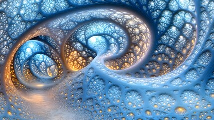 Intricate three dimensional spiral structure exhibits detailed cellular or fractal patterning in cool blue and warm gold tones.