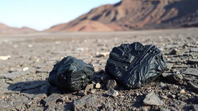 Raw black chromite ore resting on cracked soil in a barren mining landscape