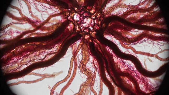Microscopic view of blood vessels and capillaries in a tissue sample.