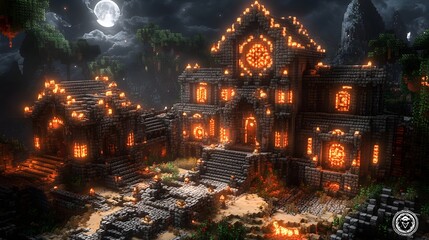 Elaborate stone structure glows with warm illumination under a night sky.