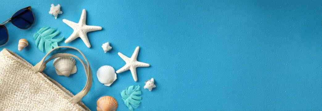 Colorful beach tote bag surrounded by seashells and starfish on vibrant blue backdrop