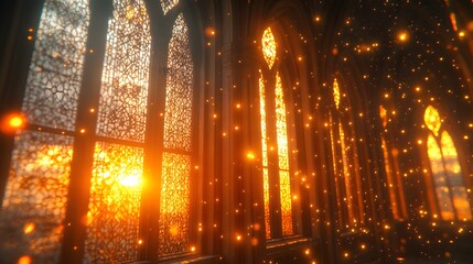 Tall arched windows of an ornate interior illuminate a space filled with golden glowing particles