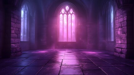 Interior of an ancient stone hall illuminated by vibrant magenta and blue light streaming through tall arched windows