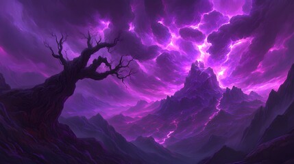 Mystical purple lightning illuminates dark, craggy mountains beneath a stormy sky near a solitary, gnarled tree.