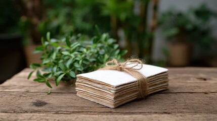 Naklejka premium Handcrafted blank journal with twine tied and surrounded by lush green herb plant