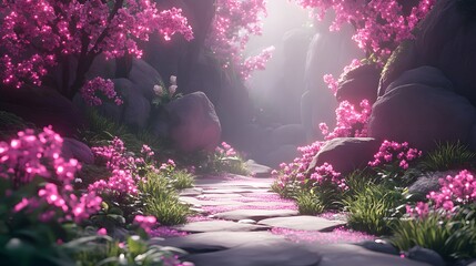 Serene stone pathway winding through a lush landscape abundant with bright pink blossoms and soft illumination