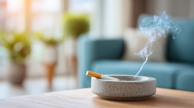 Cozy modern living room with cigarette ashtray and burning cigarette
