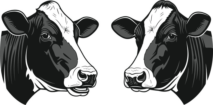 Set of Realistic Black and White Holstein Friesian Cow Head Portraits Isolated on White Background for Farm Dairy Product Labels (exactly 20 words)