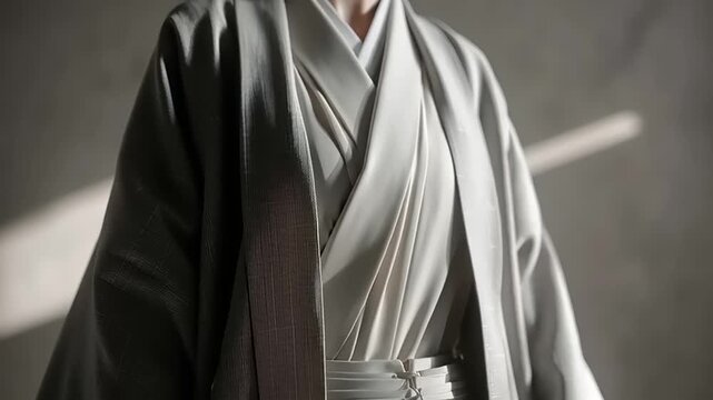 A person wearing a traditional robe stands elegantly in a serene environment.