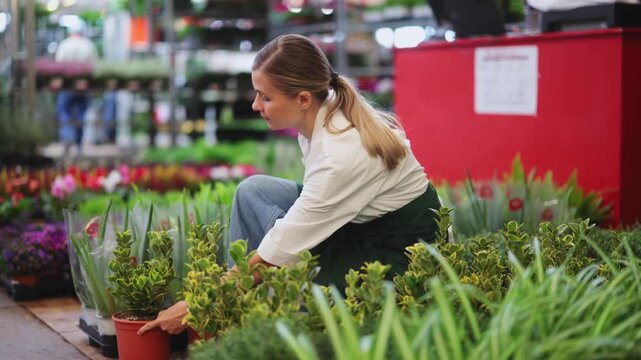 In warehouse of flower shop, female employee in apron conduct regular inspections, sanitary treatment of plants. Large supply of Euonymus ornamental shrub plants, small and large wholesale