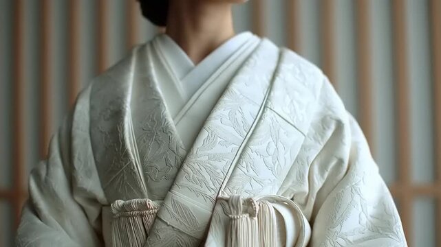 A person wearing a traditional kimono with a sash tied around their body