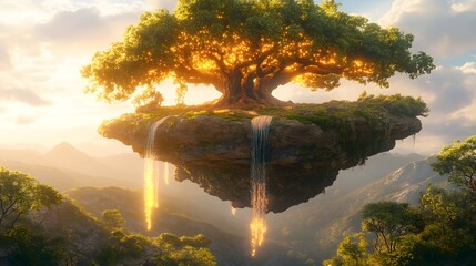 Majestic ancient tree flourishes upon a large floating island with luminous waterfalls descending into a vast valley
