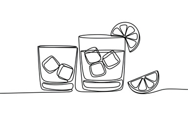 Fototapeta premium A line drawing of two glasses with ice and lemon slices on a transparent background