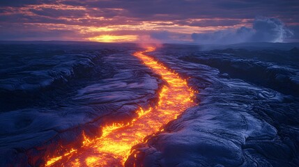 Incandescent molten material flows through a dark volcanic landscape beneath a dramatic twilight sky.