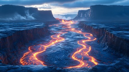 Molten material flows through a deep canyon carved into cooled volcanic rock under a dramatic sky