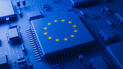 EU semiconductor microchip trade tariff. 3d rendering