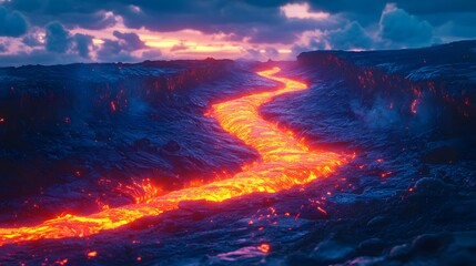 Molten incandescent material flows through a dark, rugged landscape under a twilight sky