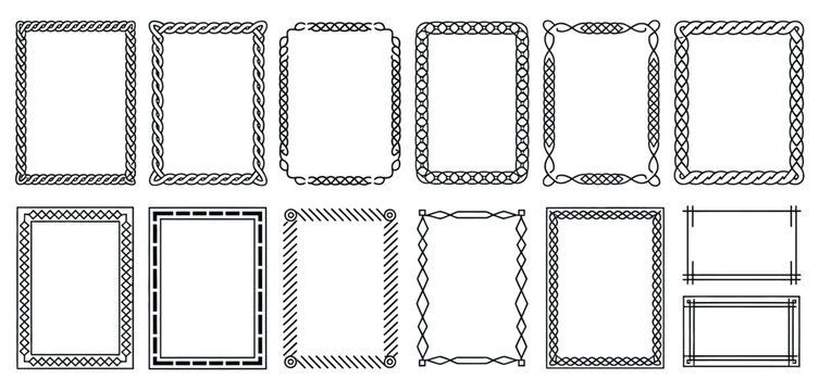 Celtic Knot Frames, Border Set with Braided Corners and Interlaced Ornaments, ideal for heritage certificates, medieval invitations, and Norse packaging, geometric Nordic patterns isolated as vector 