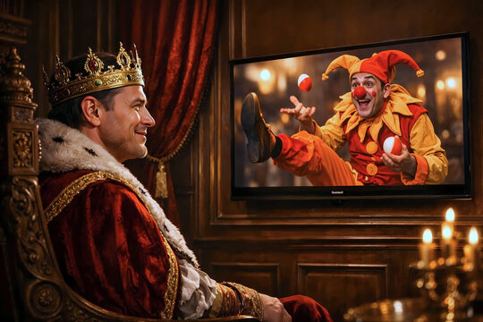 jester on television juggling and dancing slapstick physical comedy as king watches with amusement