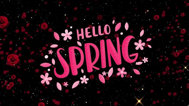 4k hello spring greetind on the red rose rain falling both sides background