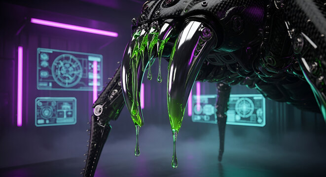 Robotic Spider Fangs Dripping Green Acid in Sci-Fi Laboratory