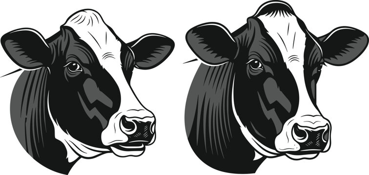 Set of Two Detailed Black and White Holstein Friesian Cow Head Portraits Isolated on White Background for Dairy Farm Logos (exactly 20 words)