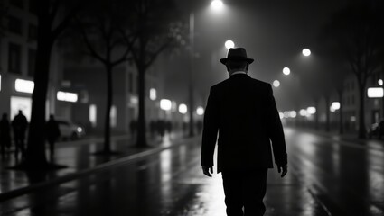 A man in a hat walking down a rainy street at night
