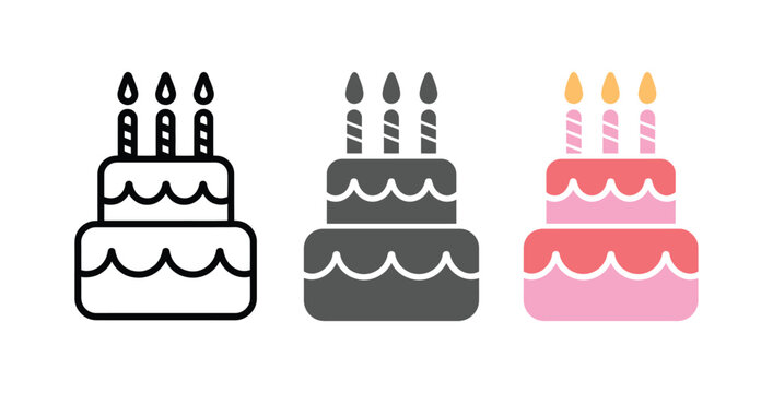 Three colorful birthday cake icons with candles on transparent background