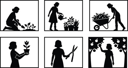 Gardening silhouette collection showing people planting, watering plants, harvesting fruits, pruning trees and maintaining home garden lifestyle illustration