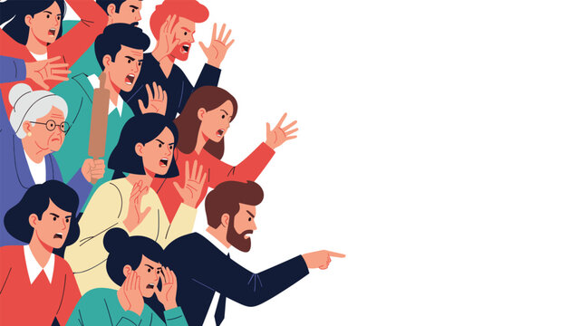 Crowd of frustrated and angry people shout and point during a public protest or demonstration against a white background.