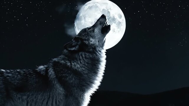 Wolf howling at full moon, night wildlife silhouette, dramatic dark sky scene, mystical lunar light, cinematic wilderness atmosphere