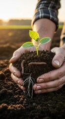 Man holding a young green sprout plant with soil and worms in his hands. Concept of ecology, agriculture, and new life.