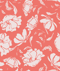 Seamless coral pink floral pattern. White silhouette flower background. Retro botanical textile design. © RDYD Studio