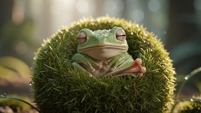 Cute Green Frog Resting Peacefully on a Mossy Ball in a Serene Forest Setting.