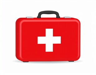 Obraz premium Red First Aid Kit with White Cross Symbol on a White Background, Emergency Medical Supplies.