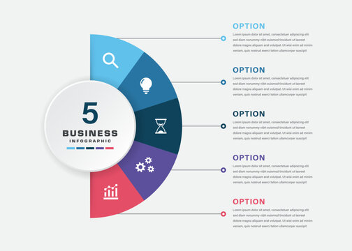 Circular 5 Segment Business Infographic Diagram with Icons, Options, and Central Hub for Workflow, Strategy, and Presentation Design