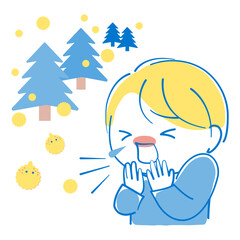 花粉症でくしゃみが止まらない男の子とスギ花粉が飛散しているイメージイラスト