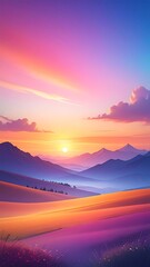 Vibrant sunset over rolling hills and distant mountains