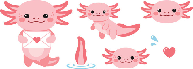 Fototapeta premium Cute Pink Axolotl Character Vector Set with Little Salamander Holding Love Letter and Heart Icons Isolated on White Background