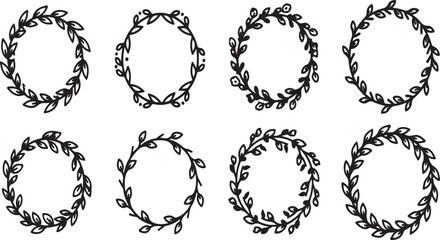Obraz premium Eight elegant wreaths with intricate leaf and vine designs arranged in a row Vector