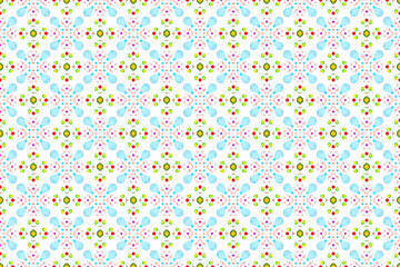 Seamless floral pattern with small pink and green flowers and blue accents on a white background, vector