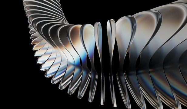 3D illustration showing black 3D background, neon light holographic gradient, abstract crystal pattern, caustic effect, and glass chromatic circle tube block shapes render